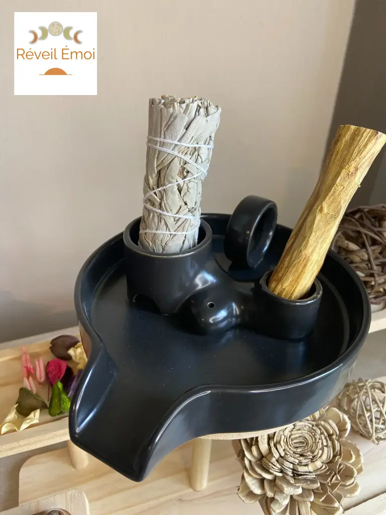 Porte-Encens Céramique Noir – Multi-Usages pour Palo Santo & Sauge Blanche