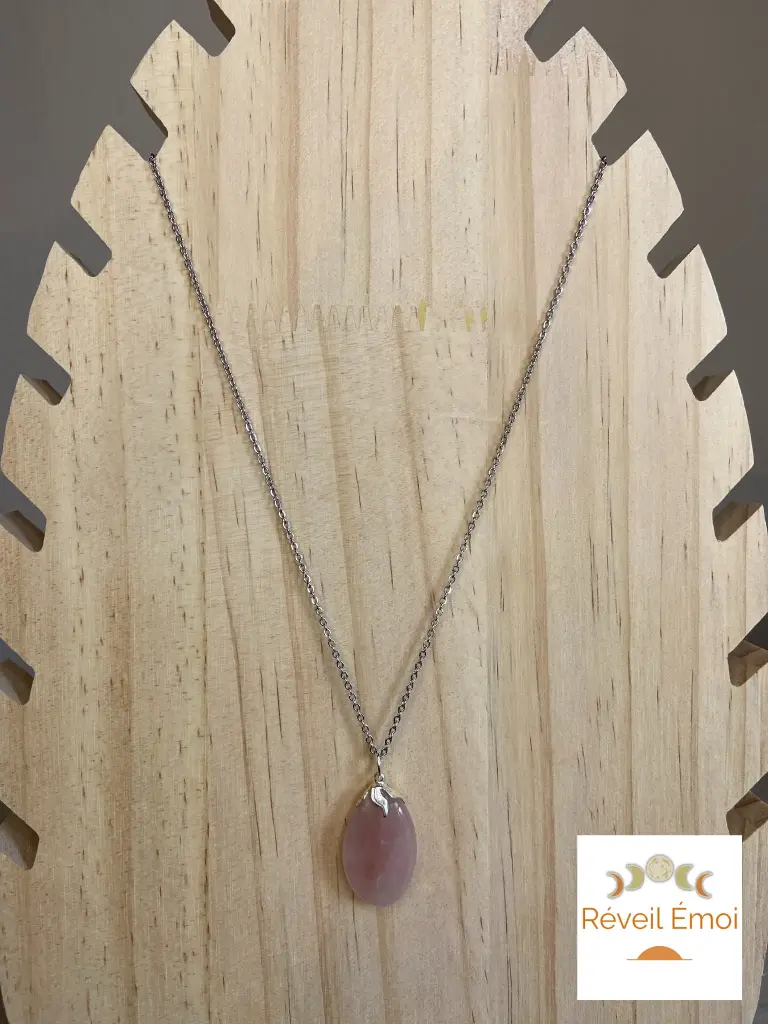 Pendentif gemme Quartz Rose chaîne acier inoxydable