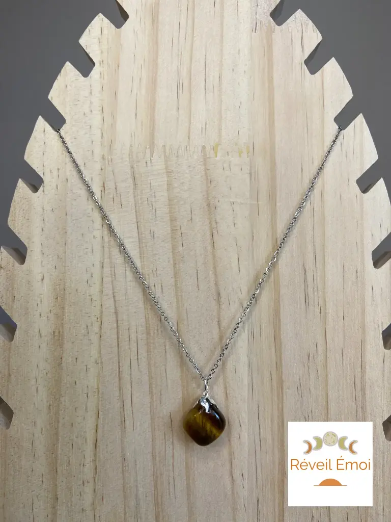 Pendentif gemme Œil de Tigre chaîne acier inoxydable