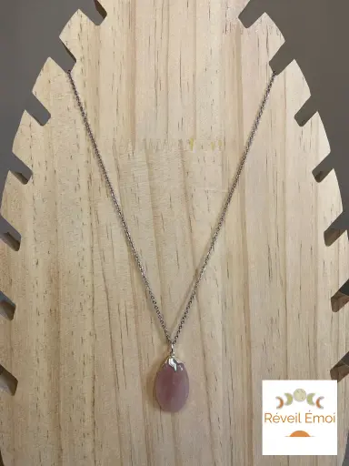 [PEN-QR] Pendentif gemme Quartz Rose chaîne acier inoxydable